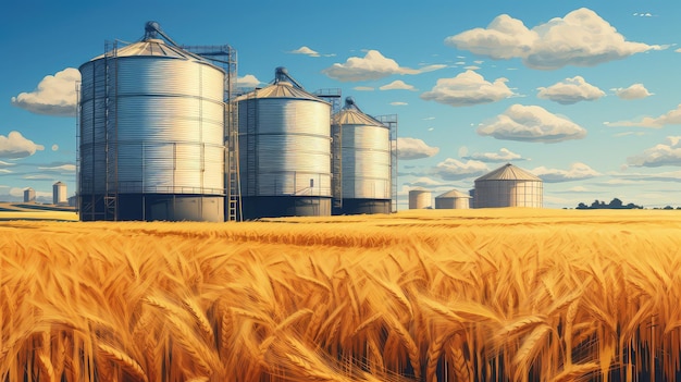 Les silos dans les champs de blé Stockage des produits agricoles Illustration des activités agricoles et de la production