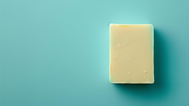 Photo une simple barre de savon est posée sur un fond bleu massif. le savon est de couleur jaune clair et sans parfum.