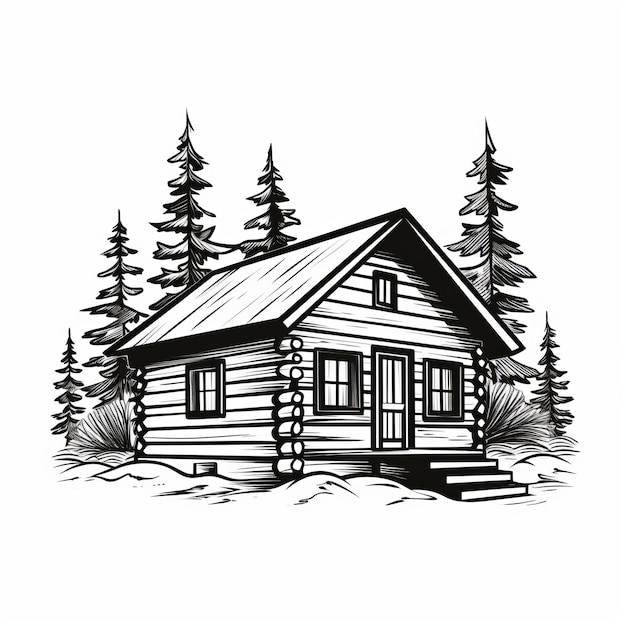 Simple Cabin In The Woods Motif de tatouage classique dessin en noir et blanc