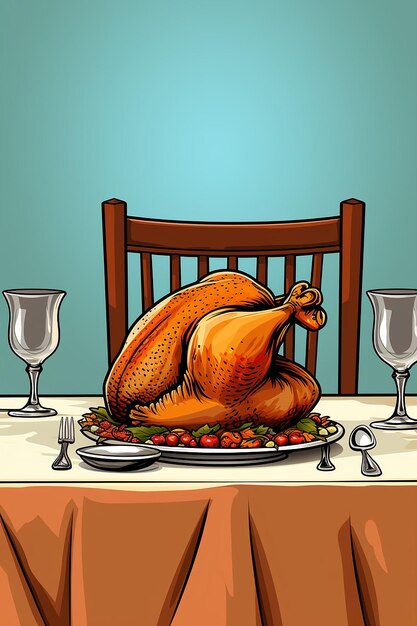 Photo une simple caricature mignonne d'une dinde assise à un dîner de thanksgiving