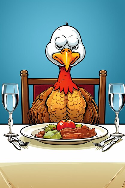 une simple caricature mignonne d'une dinde assise à un dîner de Thanksgiving