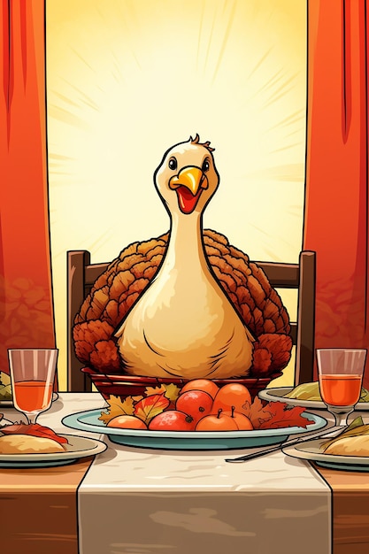 Photo une simple caricature mignonne d'une dinde assise à un dîner de thanksgiving