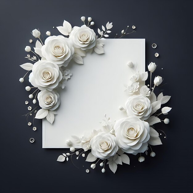 Une simple carte blanche avec un magnifique cadre floral de roses blanches sur un fond sombre