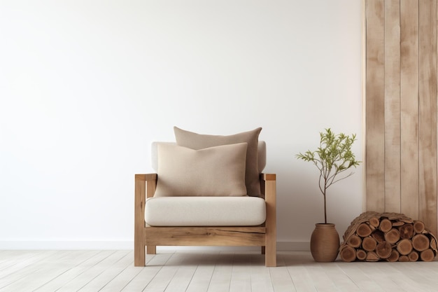 Photo une simple chaise de salon en drap beige contre un mur blanc avec des accents en bois