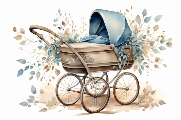 un simple chariot de bébé à aquarelle décoré de feuilles et d'eucalyptus