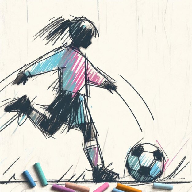 Un simple dessin d'enfant d'une personne jouant au football réalisé avec des crayons pastel