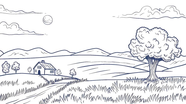 Un simple dessin en ligne d'un paysage rural Il y a une maison au milieu d'un champ avec un grand arbre à sa droite