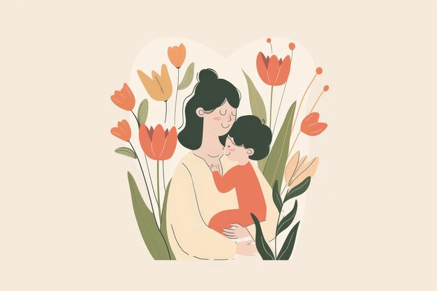 une simple illustration plate d'une mère avec un enfant avec une fleur de tulipes minimaliste