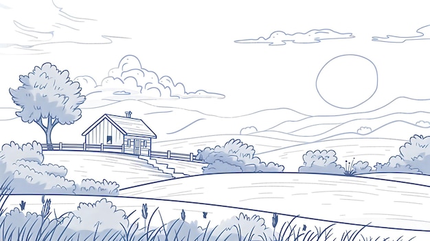 Une simple illustration vectorielle d'un paysage rural L'image montre une petite maison au milieu d'un champ