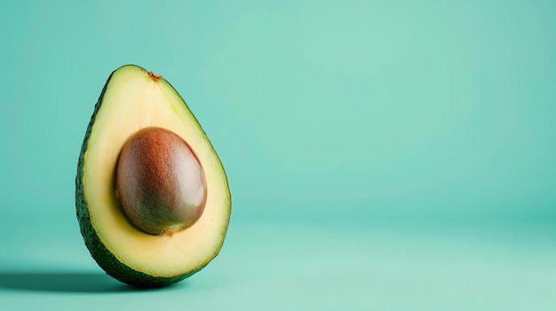 Une simple image rapprochée d'un avocado sur un fond vert massif L'avocat est coupé en deux avec la fosse encore intacte