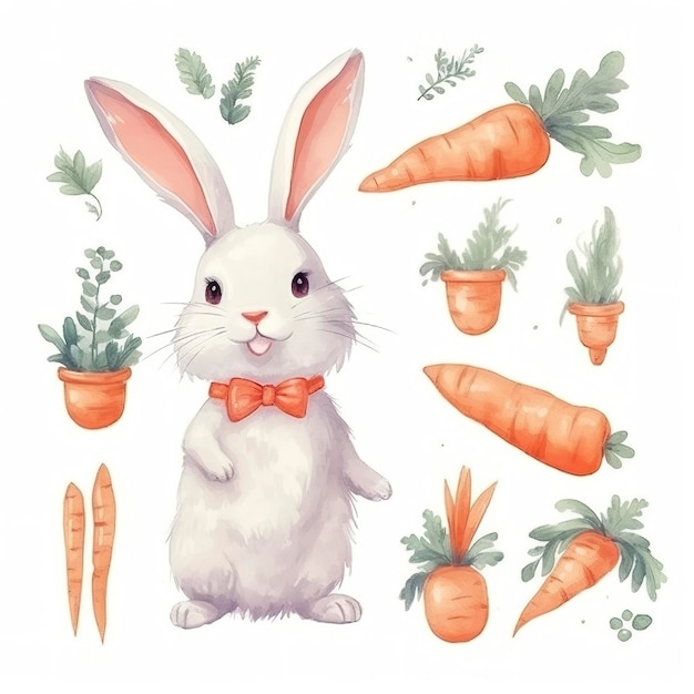 Simple Kawaii mignon joli lapin carrotsheet de pièces aquarelle fond blanc générer ai