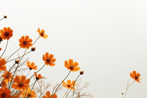 Photo une simple maquette d'une jolie carte de titre d'automne avec des fleurs de cosmos orange sur un fond blanc