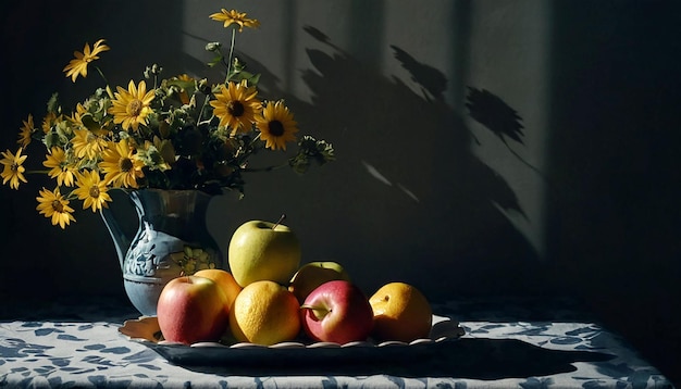 Une simple nature morte provinciale avec des fruits et des fleurs.