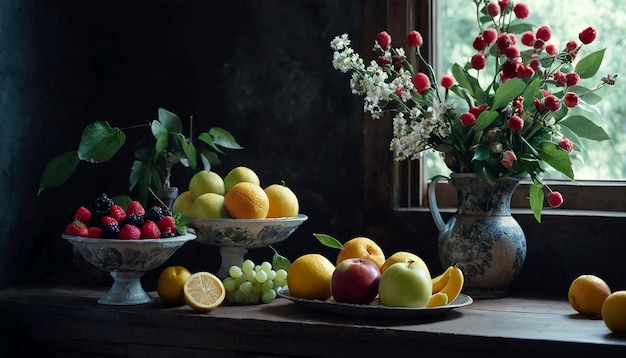 Une simple nature morte provinciale avec des fruits et des fleurs.