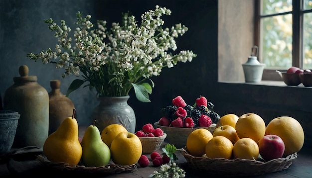 Une simple nature morte provinciale avec des fruits et des fleurs.