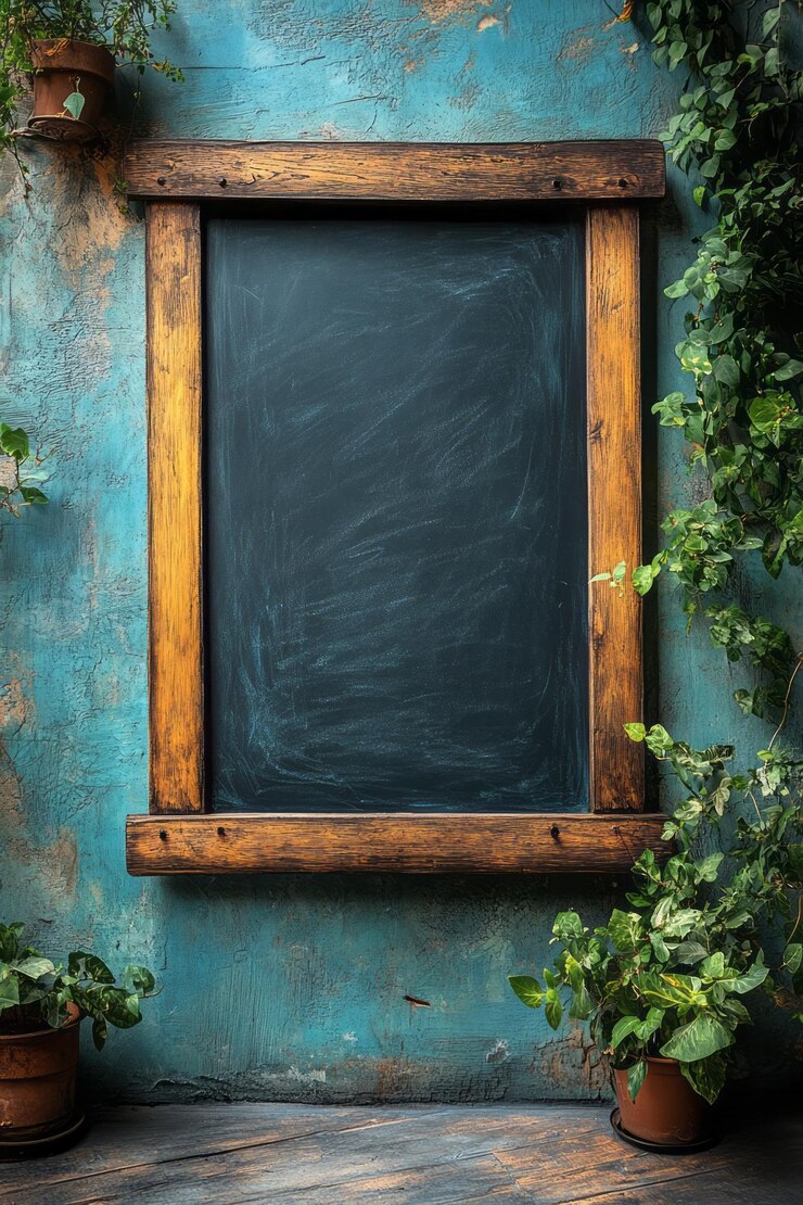 Photo un simple tableau noir isolé sur un fond bleu pastel avec un léger dessin en craie