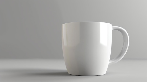 Une simple tasse de café blanche est posée sur une table blanche sur un fond blanc. La tasse est légèrement inclinée vers la droite.