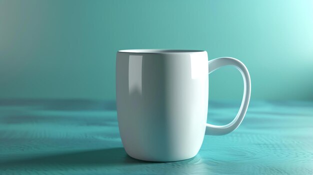 Une simple tasse de café blanche est posée sur une table bleue solide. La tasse est au premier plan et est légèrement inclinée vers la droite du cadre.