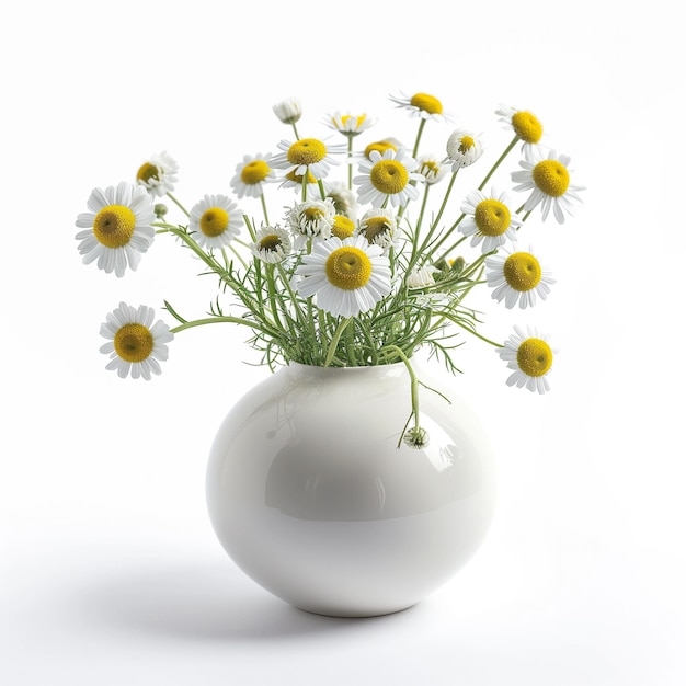 Un simple vase blanc avec des fleurs de camomille fraîches sur un fond blanc évoquant un sentiment de printemps ou