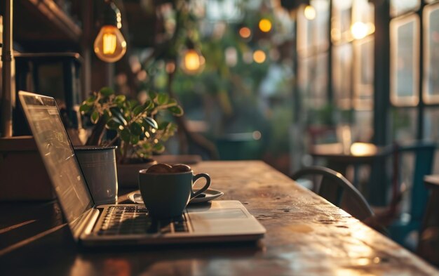 La simplicité dans un espace de travail bien éclairé avec un ordinateur portable et une tasse de café