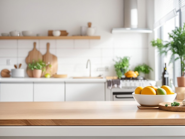 Simplicité et élégance Table vide en bois clair dans une cuisine blanche moderne