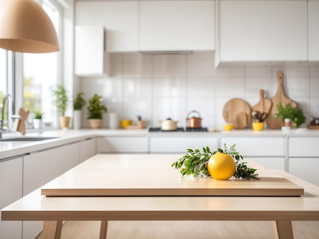 Simplicité et élégance Table vide en bois clair dans une cuisine blanche moderne