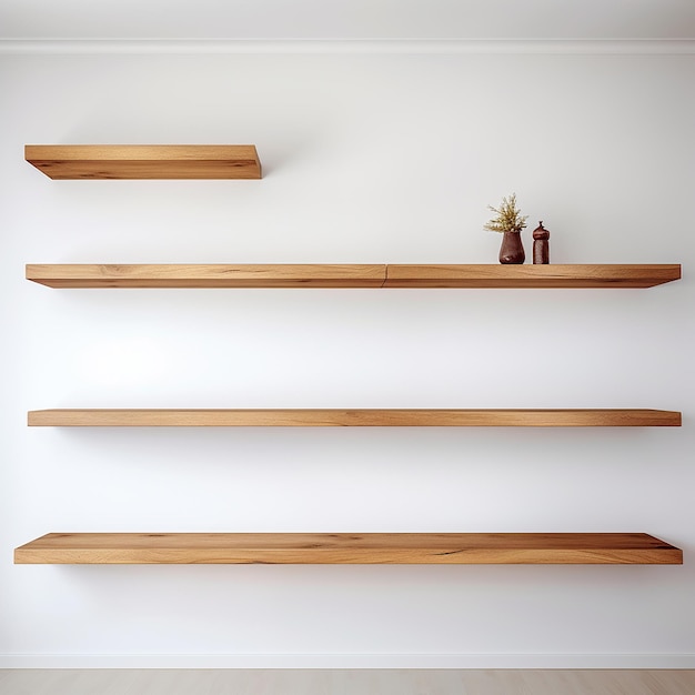 La simplicité d'exposer des étagères de bois vides sur un mur blanc