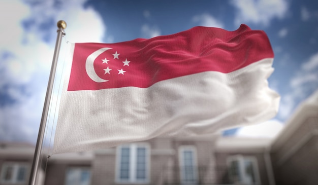 Photo singapour, drapeau, 3d, rendu, bleu, ciel, bâtiment, fond