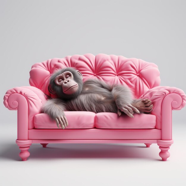 Le singe en 3D sur le canapé rose style Zbrush environnementaliste animaliste rendu photoréaliste