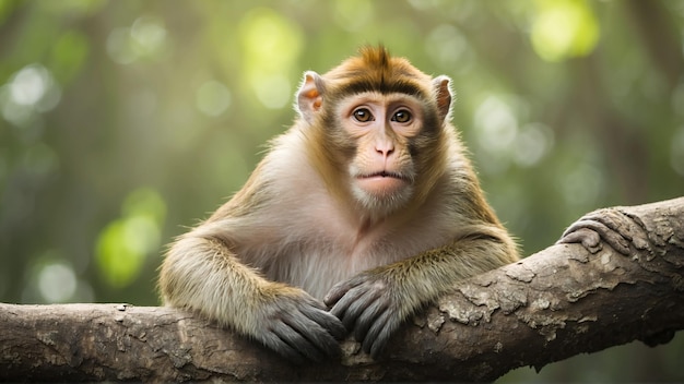 Un singe accroché à un tronc d'arbre.