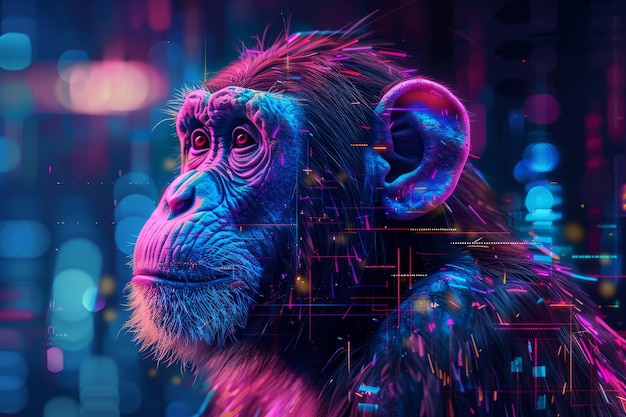 Un singe amélioré numériquement avec une intelligence artificielle dans un contexte futuriste