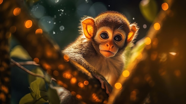 Le singe sur l'arbre Le beau singe aux yeux orange à haut contraste