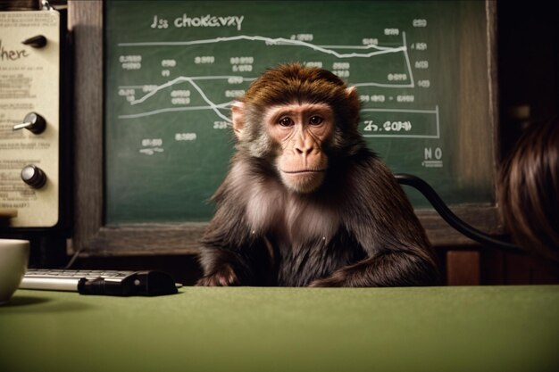 Photo le singe assis au bureau dans le concept de marché boursier du bureau