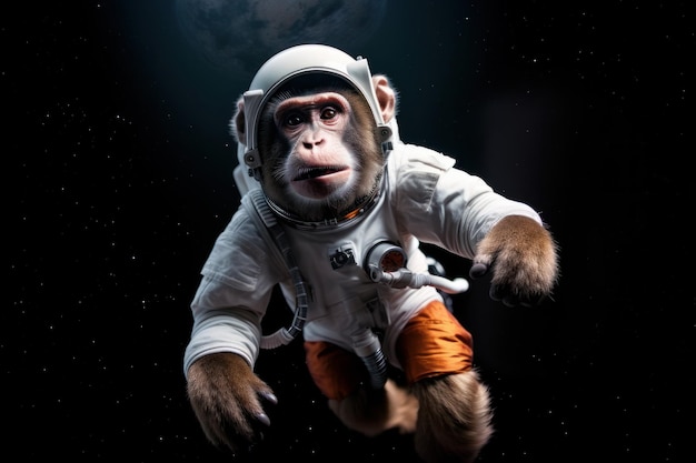 Un singe astronaute dans une combinaison spatiale et un casque prêt à décoller sur une fusée