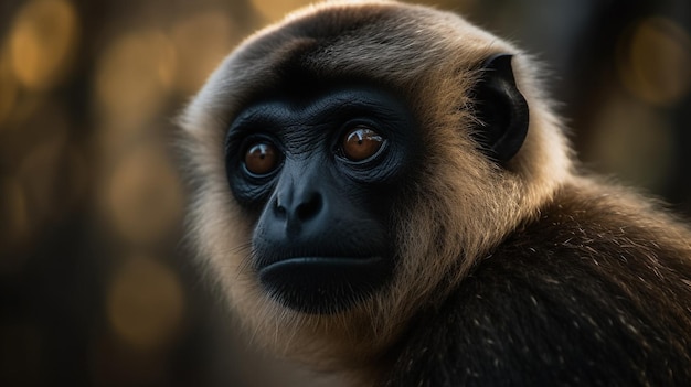 Un singe au visage noir est assis dans une forêt.