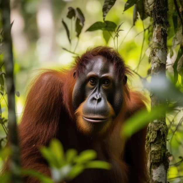 Un singe au visage noir regarde la caméra.