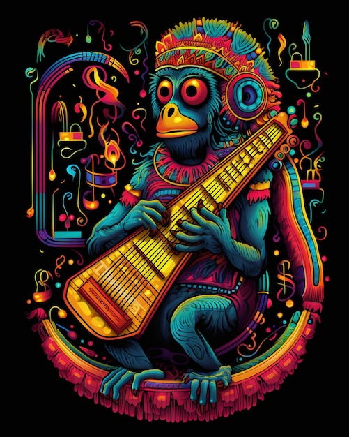 Un singe aux couleurs vives jouant de la guitare dans un cercle ai génératif