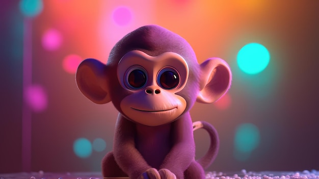 Un singe aux grands yeux est assis sur un fond coloré.