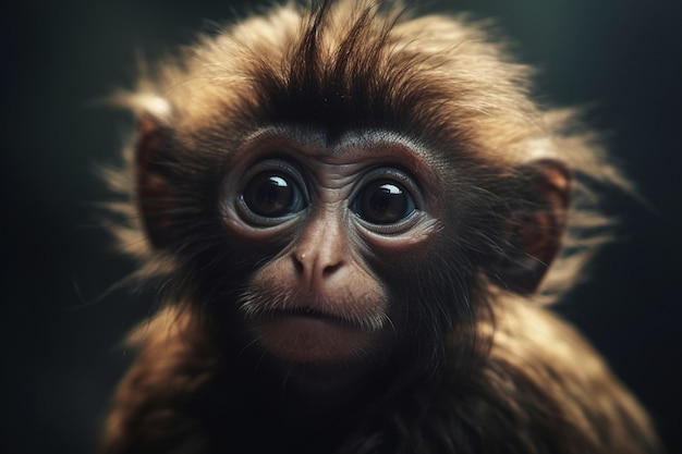 Un singe aux grands yeux est dans une pièce sombre.