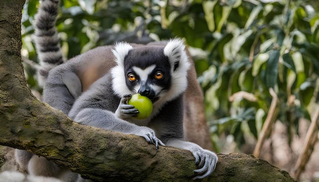 un singe aux yeux orange mange une pomme