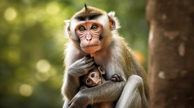 Un singe avec un bébé sur sa poitrine