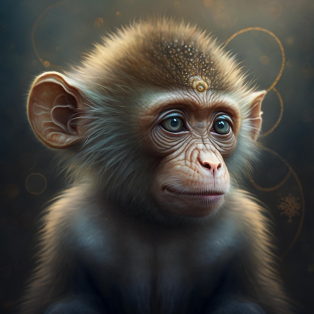 Un singe avec un cercle sur son œil est sur un fond sombre.