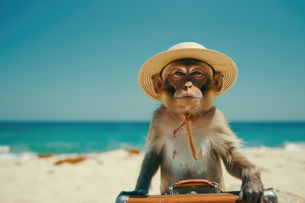 Un singe avec un chapeau et une grosse valise sur une plage de sable au bord de l'océan Le concept des vacances d'été