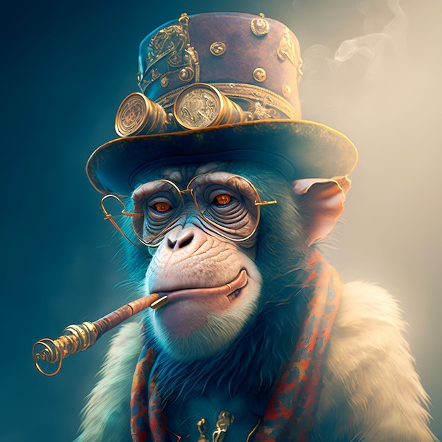 Un singe avec un chapeau et des lunettes fumant un cigare.