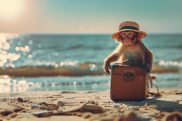 Un singe avec un chapeau de paille et une valise sur la plage Le concept des vacances d'été