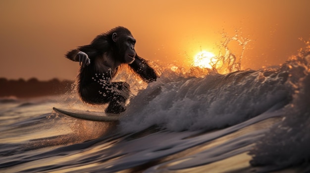 Un singe chevauchant une vague sur une image générative de planche de surf