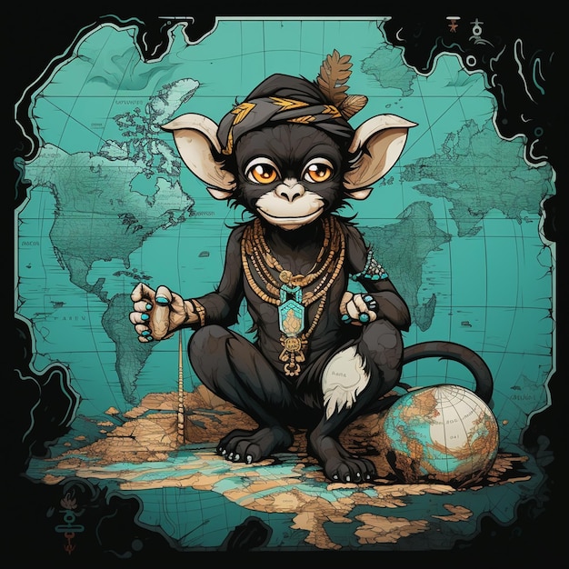 Un singe avec un collier et un globe sur lui