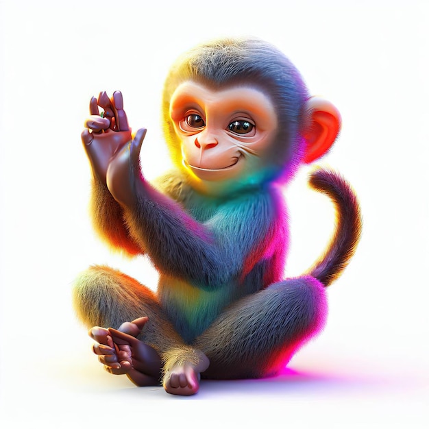 Un singe coloré agite la main et se trouve sur une photo d'un arrière-plan lumineux.