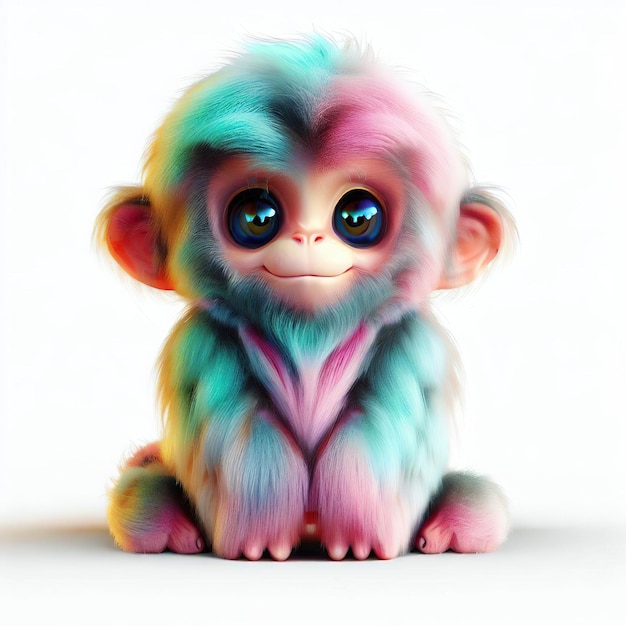 Un singe coloré avec de grands yeux est assis sur un fond blanc.