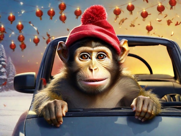 Le singe conduit une voiture. Bonne année.